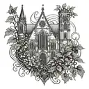 An intricate blackwork tattoo design of a gothic cathedral surrounded by lush, overgrown plants and vines tattoo design idea