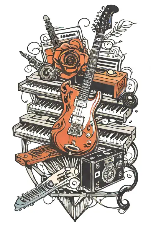Guitar, camera and piano keys hanging tattoo design idea
