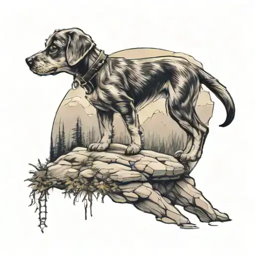 A realistic tattoo of a hiking trail winding around a small puppy, symbolizing the client's love for both hiking and dogs tattoo design idea