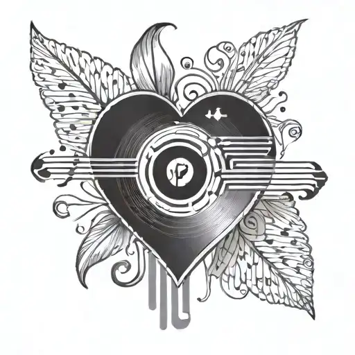 A minimalist tattoo of a heart-shaped vinyl record with 'family' written in music notes tattoo design idea