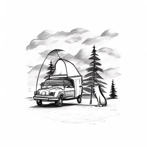 A sketch-style tattoo of a dog exploring a camping site with off-road vehicles in the background tattoo design idea