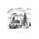 A sketch-style tattoo of a dog exploring a camping site with off-road vehicles in the background tattoo design idea