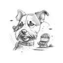 A sketch-style tattoo of a dog exploring a camping site with off-road vehicles in the background tattoo design idea