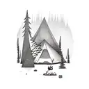A sketch-style tattoo of a dog exploring a camping site with off-road vehicles in the background tattoo design idea