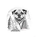 A sketch-style tattoo of a dog exploring a camping site with off-road vehicles in the background tattoo design idea