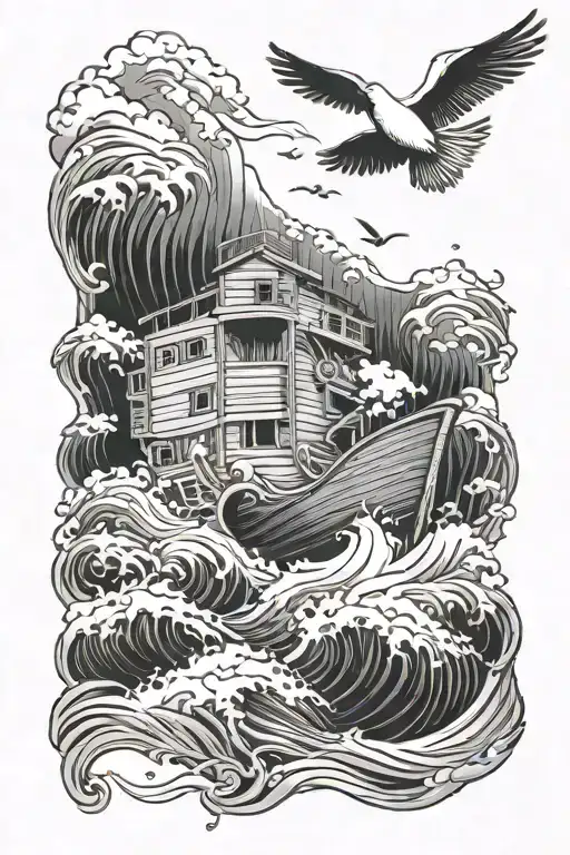 noah's ark in crashing waves with dove flying away tattoo design idea