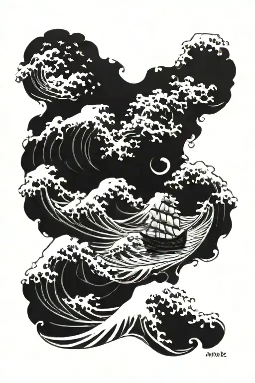 noah's ark in great wave crashing waves tattoo design idea