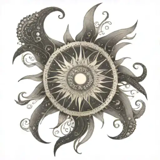 A celestial sun with intricate dotwork details tattoo design idea