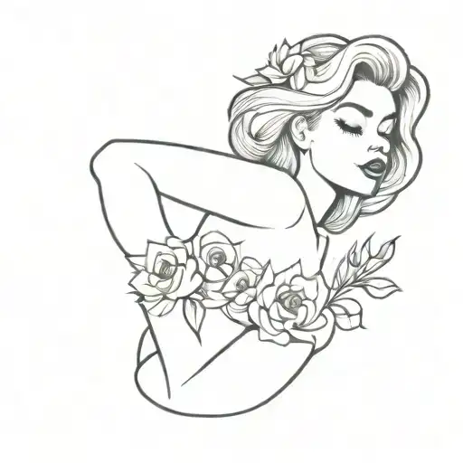pinup girl with flowers tattoo design idea