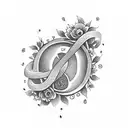 Infinity symbol with the names Stefan and Anni as well as flowers and music notes tattoo design idea
