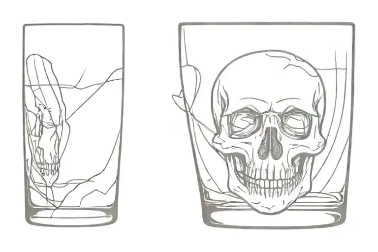 A skull looking through a whiskey glass tattoo design idea