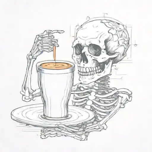 a minimalist skeleton who's drinking coffee and smiling with playfulness of a coffee addiction and adding silliness tattoo design idea