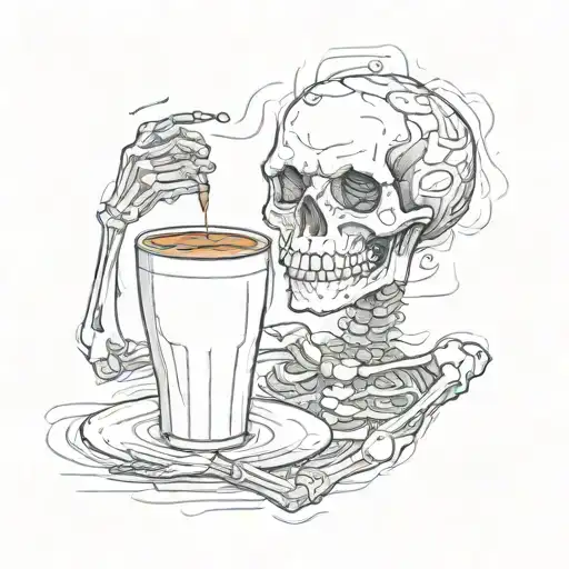 a skeleton who's drinking coffee and smiling signifying the playfulness of a coffee addiction and adding silliness tattoo design idea