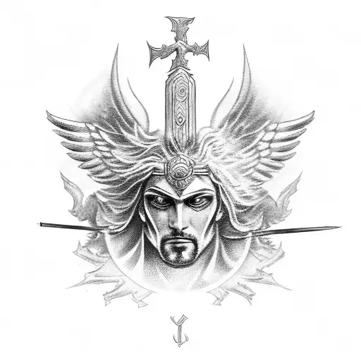 warrior st. michael with Angels descenting in background tattoo design idea