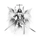 warrior st. michael with Angels descenting in background tattoo design idea