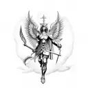 warrior st. michael with Angels descenting in background tattoo design idea