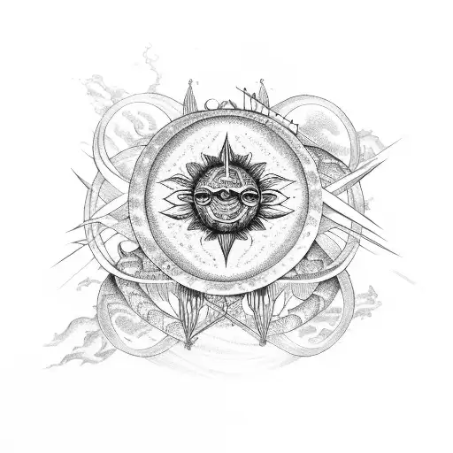 Snake Flower Butterfly Moon phase Moon and sun “Aquarius” sign Rays tattoo design idea