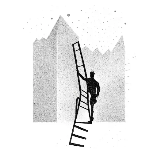  silhouette of a determined man climbing stairs, each step leading toward the radiant sun, and a starry  tattoo design idea