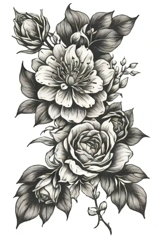 February, July, September, November birth flower bouquet  tattoo design idea