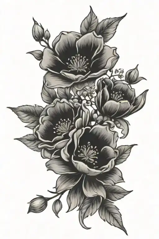 February birth flower, july birth flower, September birth flower and November birth flower bouquet  tattoo design idea