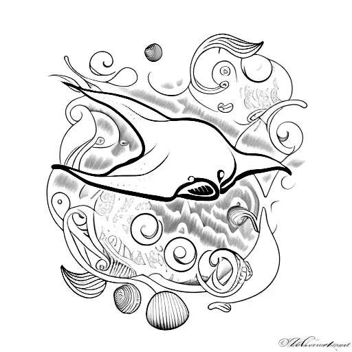 A minimalist depiction of a manta ray surrounded by ornamental seashells tattoo design idea