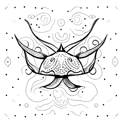 A minimalist depiction of a manta ray surrounded by ornamental seashells tattoo design idea