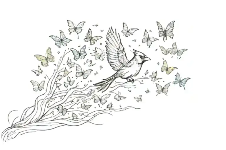 A cardinal flying over a beach filled with colorful butterflies tattoo design idea