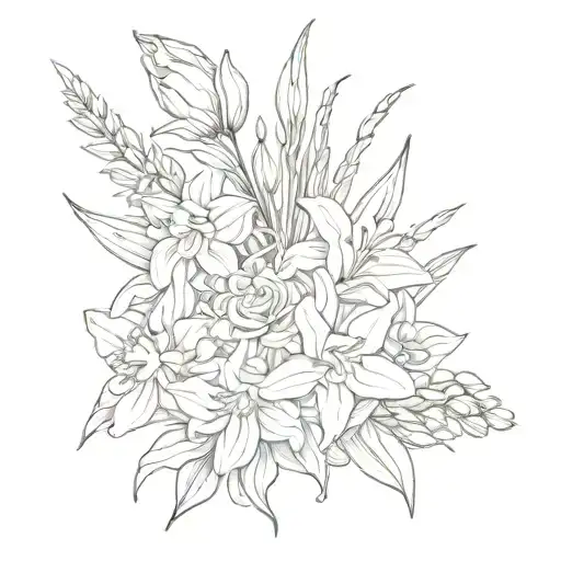 daffodils, rose, gladiolus, narcissus, lily on the valley, daisies, in a bouquet  tattoo design idea