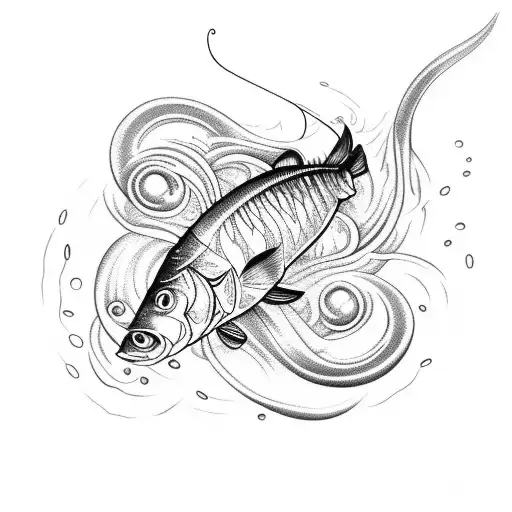 A detailed fishing lure surrounded by swirling waves tattoo design idea