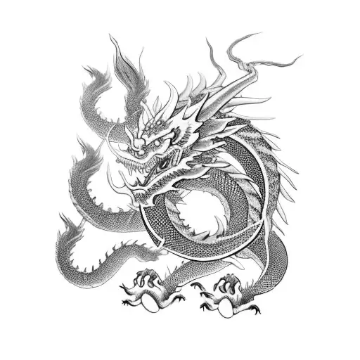 black and white Chinese dragon wrapped around shoulder and chest displaying honour, courage, pride and ruthlessness.  tattoo design idea