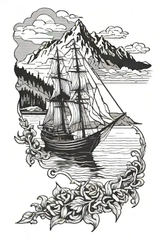 anchor, sailboat above, swiss alps in the background tattoo design idea