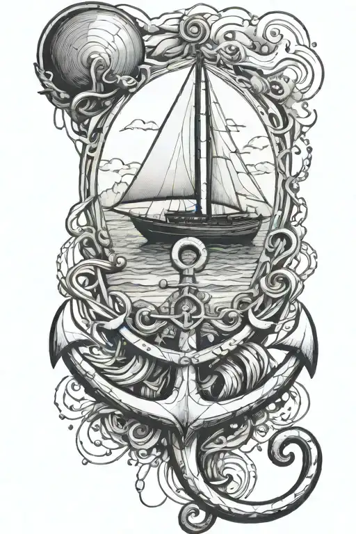 anchor underwater entangled with a stethoscope under a sailboat on a lake surrounded by mountains  tattoo design idea