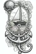 anchor underwater entangled with a stethoscope under a sailboat on a lake surrounded by mountains  tattoo design idea