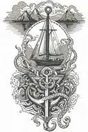 anchor underwater entangled with a stethoscope under a sailboat on a lake surrounded by mountains  tattoo design idea