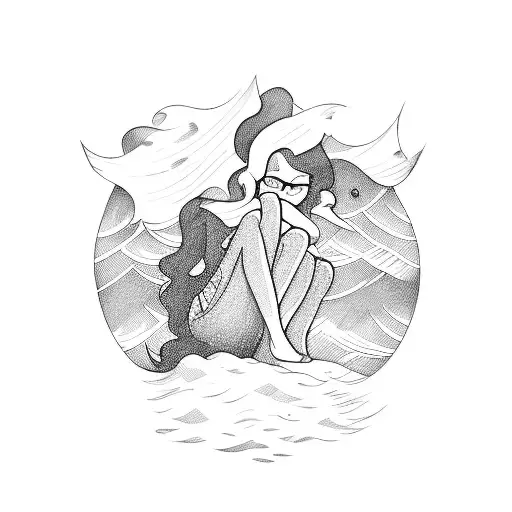 A sketch-style tattoo of a girl sitting on a stack of books, with waves crashing in the background tattoo design idea