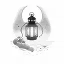 A glowing lantern illuminating a path leading to a poem written in waves tattoo design idea