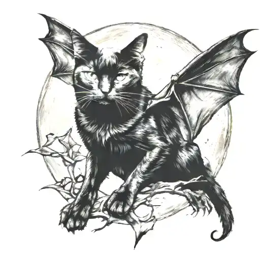 black cat on full moon with bat wings   tattoo design idea