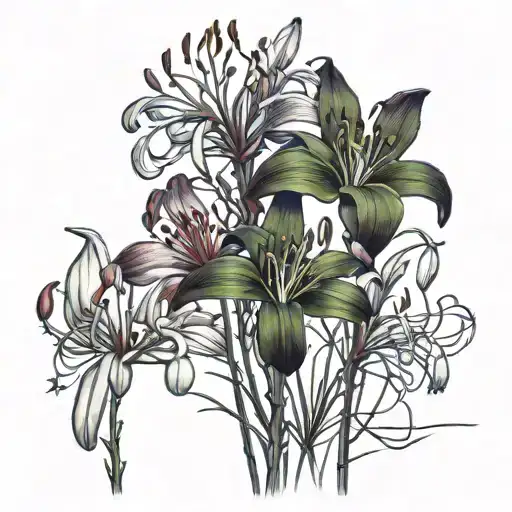 seulement 5 lycoris rouge, une grand à gauche, trois petite  au milieu et une grande à droite  tattoo design idea