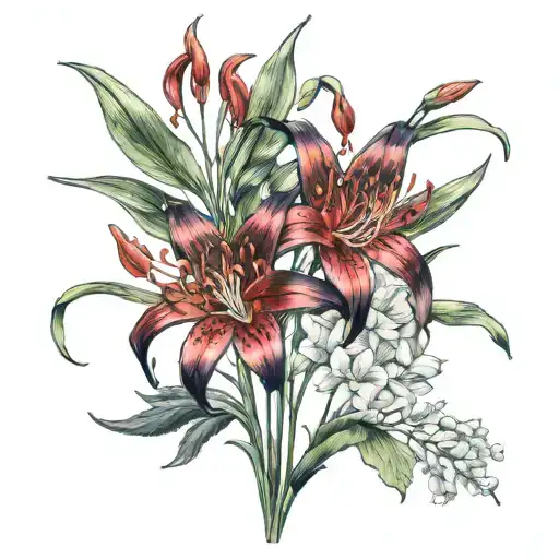 5 lycoris rouge, une grand à gauche, trois petite  au milieu et une grande à droite  tattoo design idea