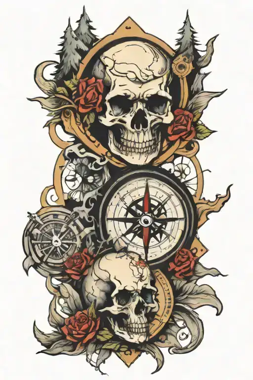 mountains, compass, skull tattoo design idea