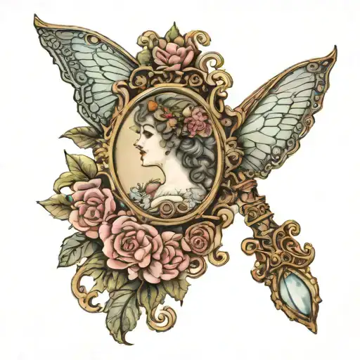 vintage handheld mirror with intricate framework and a fairy included on handle tattoo design idea