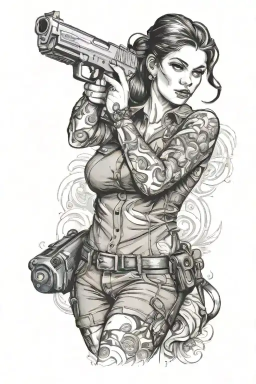 voluptuous woman shooting glock tattoo design idea