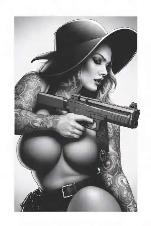 voluptuous woman shooting glock tattoo design idea