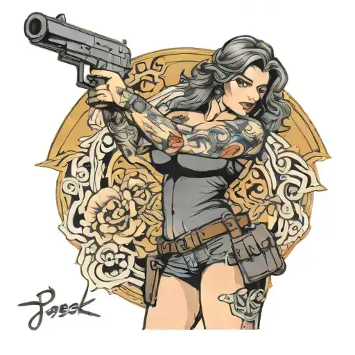 voluptuous woman shooting glock tattoo design idea