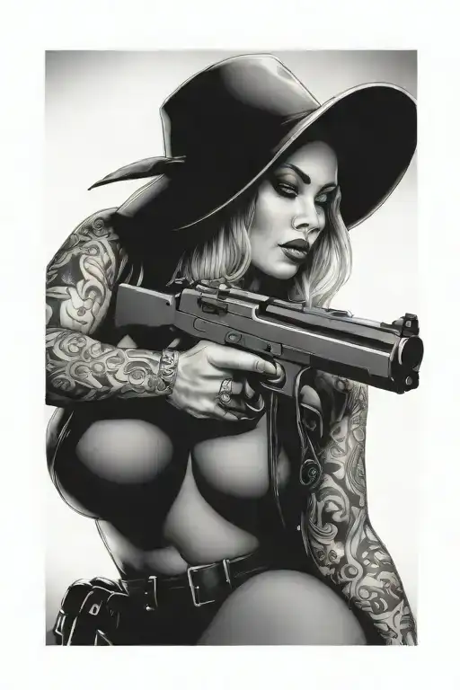 voluptuous woman shooting glock tattoo design idea