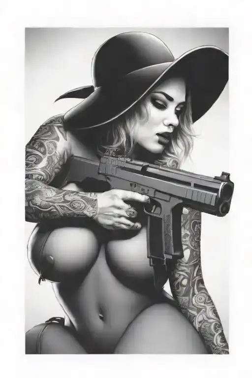 voluptuous woman shooting glock tattoo design idea
