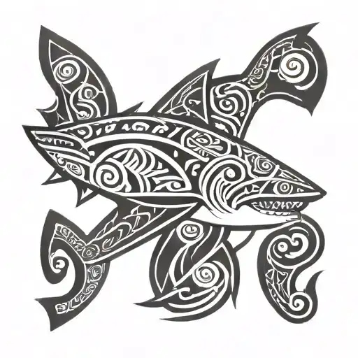 polynesian style tattoo, arm sleeves, shark, black and white thick lines, stencil design, drawing tattoo design idea