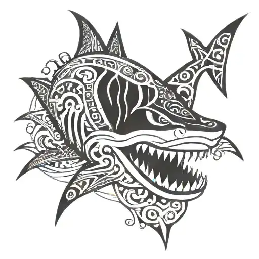 polynesian style tattoo, arm tattoo design, shark with long teeth, black and white thick lines, stencil design, drawing tattoo design idea