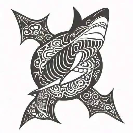 polynesian style tattoo, arm sleeves, shark, black and white thick lines, stencil design, drawing tattoo design idea