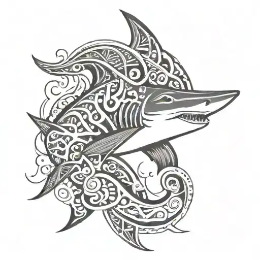 polynesian style tattoo, arm sleeves, shark, black and white thick lines, stencil design, drawing tattoo design idea